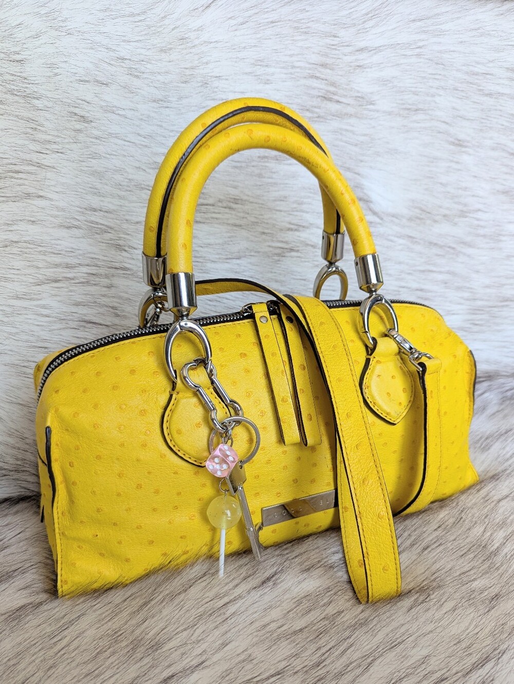 Coccinelle Bright Yellow Ostrich Embossed Convertible Satchel Crossbody Bag - Picture 2 of 14